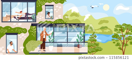 Neighbors in windows at day. House residents in apartments engaged in various activities. Girl does yoga. Man caring of plants on balcony. Residential building. Garish vector concept 115856121