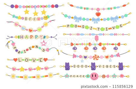 Plastic beads bracelets. Kids funky accessories. Cute jewellery with love hearts and letters. Friendship baubles. Hippie necklaces. Girly bijouterie. Handmade jewel. Recent vector set 115856129