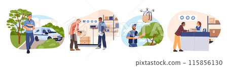 Postal delivery service. Post office. Sending, receiving and processing parcels and letters. Drone carrying cardboard box. Courier in uniform. Correspondence shipping. Garish vector set 115856130