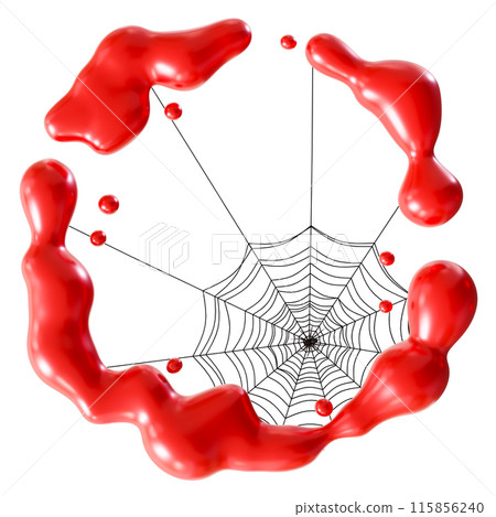 Vivid red blood splashes and spider with a web, isolated on white background, dramatic and eerie Halloween design element. Cut out of red liquid, fluid. 3D render. Vivid red blood splashes and spider with a web, isolated on white background, dramatic and eerie Halloween design element. Cut out of red liquid, fluid. 3D render. 115856240
