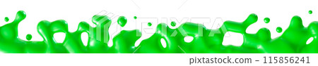 Vivid green slime splashes isolated on white background, perfect as playful Halloween design element. Cut out of green mysterious dripping liquid, fluid. Footer or header. 3D render. Vivid green slime splashes isolated on white background, perfect as playful Halloween design element. Cut out of green mysterious dripping liquid, fluid. Footer or header. 3D render. 115856241