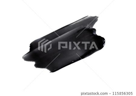 Black charcoal face mask smear isolated on white background. Abstract black charcoal gel smear for design. Black charcoal face mask smear isolated on white background. Abstract black charcoal gel smear for design. 115856305