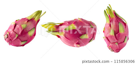 Set of dragon fruit isolated on white background. Pitaya fruit cut out on white for design. Set of dragon fruit isolated on white background. Pitaya fruit cut out on white for design. 115856306