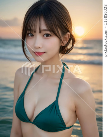 一位長髮女子穿著泳衣在海邊溫柔地微笑 115856328