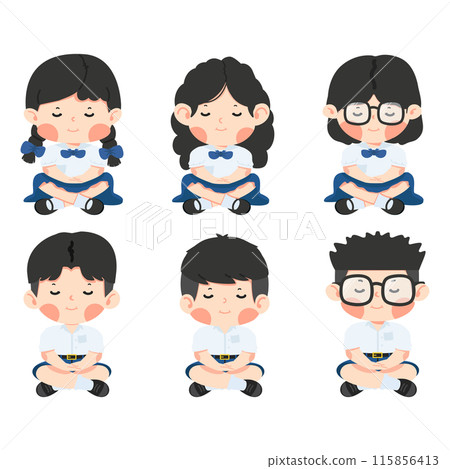 Girl or boy student sits in meditation set Girl or boy student sits in meditation set 115856413