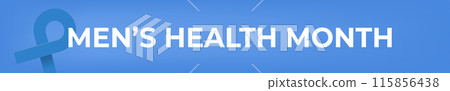 Mens health month concept wide horizontal banner design template with blue ribbon and text isolated on blue background. June is national mens health awareness month vector wide flyer or poster Mens health month concept wide horizontal banner design template with blue ribbon and text isolated on blue background. June is national mens health awareness month vector wide flyer or poster 115856438