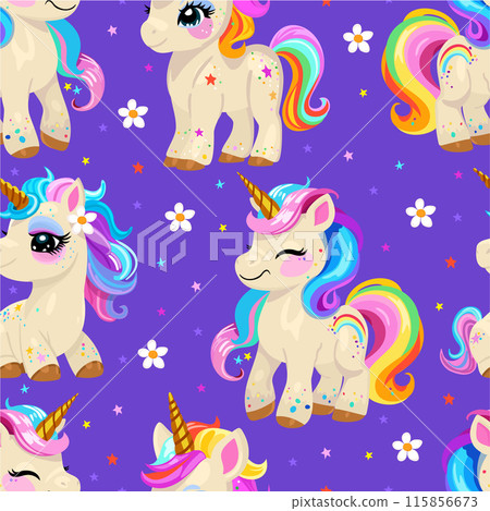 Vector seamless pattern with cute little unicorns with bright hair and tail. on bright lilac background Vector seamless pattern with cute little unicorns with bright hair and tail. on bright lilac background 115856673
