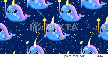 Vector seamless pattern with cute narwhals with magic wand on dark blue background Vector seamless pattern with cute narwhals with magic wand on dark blue background 115856675