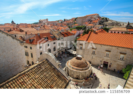 Famous Onofrio fountain in downtown Dubrovnik, view from the city wall 115856709