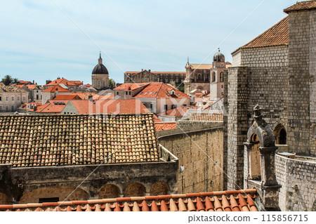 Cityscape of Dubrovnik and cupola of the cathedral, seen from the city wall 115856715