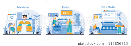 Mass Media set. Intricate workings of Television, Radio, and Print. The interconnectivity of various broadcasting and publishing mediums. Media evolution and consumer interaction. Vector illustration. 115856813