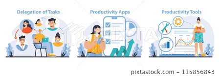 Productivity boosting set. Workflow distribution and digital solutions. Team collaboration, app integration, effective resource management. Flat vector illustration. Productivity boosting set. Workflow distribution and digital solutions. Team collaboration, app integration, effective resource management. Flat vector illustration. 115856843