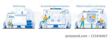 Internet Services set. Business and marketing. Robust web hosting, versatile content management, and precise website analytics. Streamlining digital presence and user engagement. Vector illustration. Internet Services set. Business and marketing. Robust web hosting, versatile content management, and precise website analytics. Streamlining digital presence and user engagement. Vector illustration. 115856907