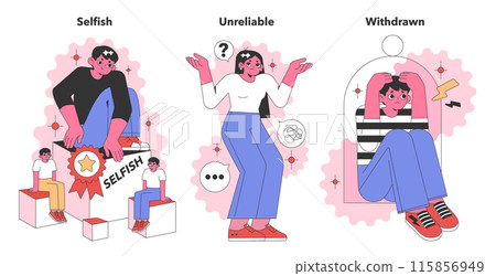 Negative Personality Traits set. Stylized characters representing selfishness, unreliability, and withdrawal. Insights into personal flaws and social behaviors. Flat vector illustration. 115856949