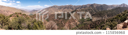 Scenic mountain landscape at Tizi n'Test pass in the Atlas mountains, the road meanders upwards 115856968