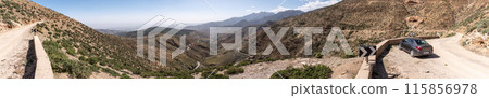 Scenic mountain landscape at northern Tizi n'Test pass in the Atlas mountains, the road meanders upwards 115856978