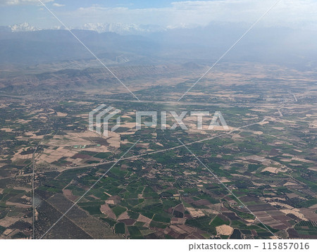 Aerial view of Moroccan countryside seen from an airplane 115857016