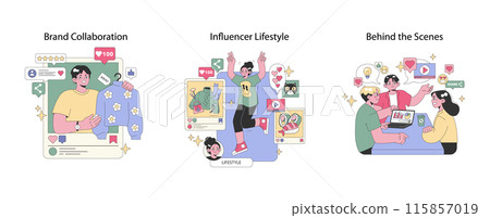 Social Influencers set. Digital content creation, brand partnerships, and personal lifestyle promotion scenes. Engaging audiences through various social platforms. Vector illustration. Social Influencers set. Digital content creation, brand partnerships, and personal lifestyle promotion scenes. Engaging audiences through various social platforms. Vector illustration. 115857019