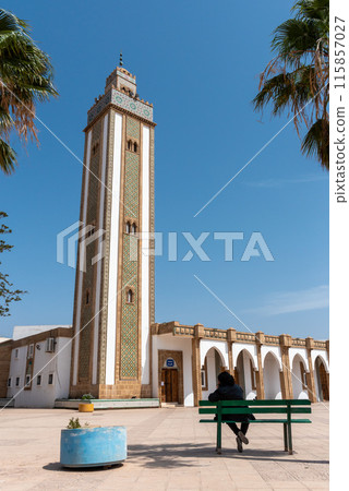 Lebanon mosque in downtown Agadir with a rich decorated tower and green fresco, Morocco 115857027