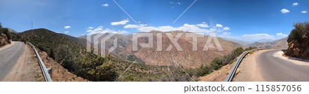 Panoramic view of famous Tizi n'Test pass in the Atlas mountains Panoramic view of famous Tizi n'Test pass in the Atlas mountains 115857056