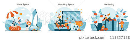 Hobbies and Entertainment set. Enthusiasts engaged in water sports, fans experiencing the thrill of watching sports, individuals finding peace in gardening. Lively scenes of hobbies. Flat vector 115857128