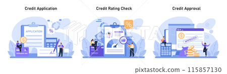 Credit Score Journey Set. Navigating the credit landscape from application, through credit rating checks, to the joy of credit approval. Flat vector illustration 115857130