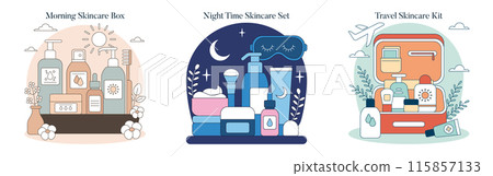Skincare Toolbox set. Morning, night, and travel skincare essentials for daily routines. Vector illustration of beauty products and accessories. Skincare Toolbox set. Morning, night, and travel skincare essentials for daily routines. Vector illustration of beauty products and accessories. 115857133
