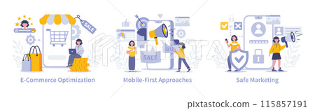 Marketing innovation set. Streamlining e-commerce platforms, prioritizing mobile accessibility, ensuring marketing security. Digital marketplace enhancements, user-centric design, privacy protection. 115857191