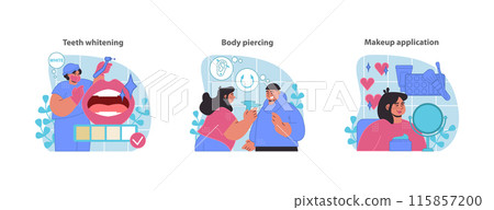 Aesthetic service set. Dental brightening, body ornamentation, and facial makeup techniques for enhanced beauty. Flat vector illustration. 115857200