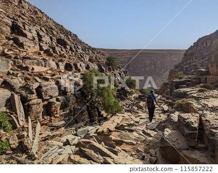 Hiking through the stone desert near Amtoudi in the Anti-Atlas 115857222