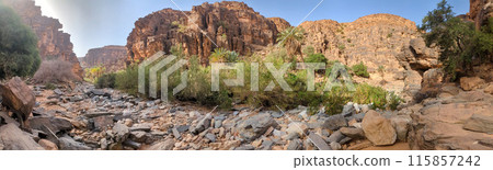 Hiking through the iconic Amtoudi canyon in the Anti-Atlas Hiking through the iconic Amtoudi canyon in the Anti-Atlas 115857242