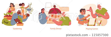 Grandparents Day set. Scenes of gardening, family dinner, and playing games with grandchildren. Cherishing bonds across generations. Vector illustration. Grandparents Day set. Scenes of gardening, family dinner, and playing games with grandchildren. Cherishing bonds across generations. Vector illustration. 115857300