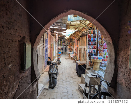 Impressions of typical Moroccan souks in the Marrakechs medina 115857352