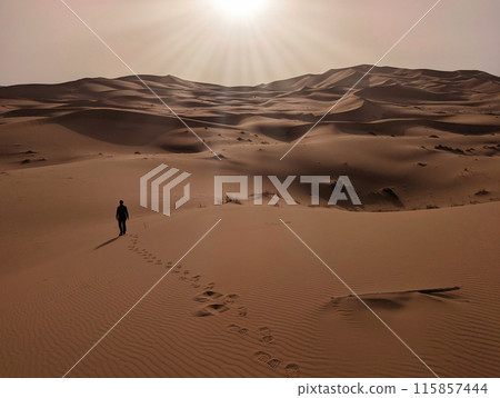 A person walking through the Erg Chebbi desert in the African Sahara, Morocco 115857444