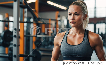 Woman in a gym with a determined expression, ready to begin her workout. 115857576