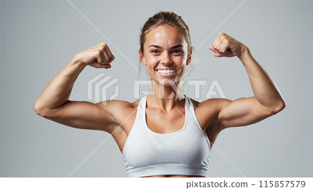A smiling, muscular woman flexes her biceps confidently, showcasing her strength and positivity. 115857579