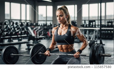 Woman lifting a heavy barbell in a gym, showcasing strength and determination. Woman lifting a heavy barbell in a gym, showcasing strength and determination. 115857580