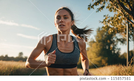 Fit woman jogging outdoors on a sunny day, embodying determination and a healthy lifestyle. 115857581