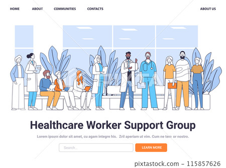 Healthcare professionals support group meeting diverse medical staff teamwork hospital setting plants window background 115857626