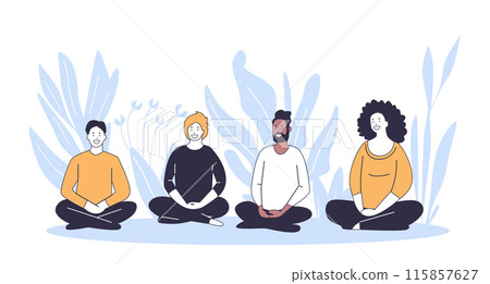 Group of diverse people sitting cross-legged in a relaxed outdoor setting with abstract plants in the background 115857627