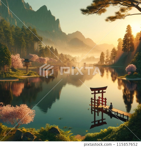 A red torii gate illuminated by the morning sun 115857652