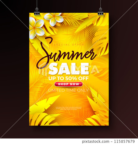 Summer Sale Flyer Design with Flower and Exotic Palm Leaves on Yellow Background. Tropical Floral Vector Illustration with Special Offer Typography for Coupon, Voucher, Banner, Promotional Poster Summer Sale Flyer Design with Flower and Exotic Palm Leaves on Yellow Background. Tropical Floral Vector Illustration with Special Offer Typography for Coupon, Voucher, Banner, Promotional Poster 115857679