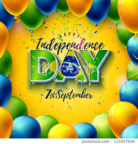Brazil Independence Day Illustration with Brazilian Flag Color Party Balloon and Falling Confetti on Yellow Background. 7th September National Celebration Vector Design with Typography Lettering for 115857680