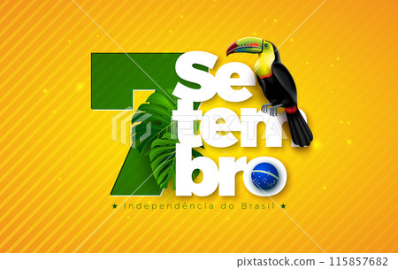 Brazil Independence Day Illustration with Tropical Leaves, Toucan Bird and Typography Lettering with Brazilian Flag Symbol on Yellow Background. 7th September National Celebration Vector Design for 115857682