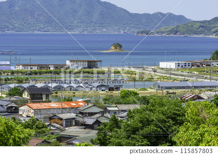 Hakata Island, Sasage Island and fish farm ponds, Imabari City, Ehime Prefecture Hakata Island, Sasage Island and fish farm ponds, Imabari City, Ehime Prefecture 115857803