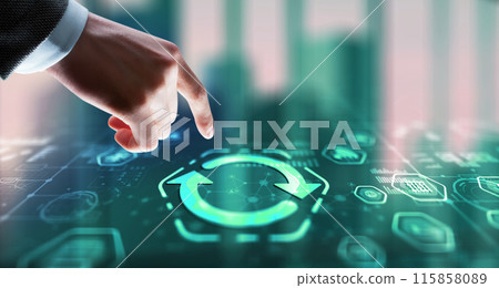 Businessman touching icon Update software application. Hardware upgrade technology concept Businessman touching icon Update software application. Hardware upgrade technology concept 115858089
