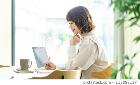 微笑的女商人做案頭工作 微笑的女商人做案頭工作 115858117