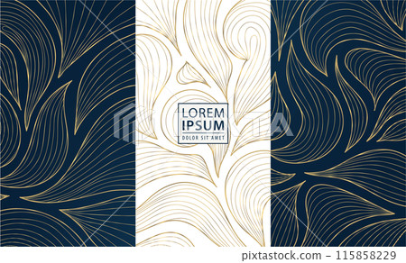 Vector art deco leaf patterns, gold and blue vintage nature graphic. Floral tags, foliage summer texture, luxury royal decor, tropical organic ornament 115858229
