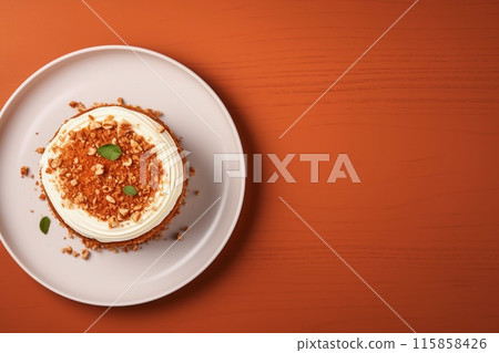 Carrot cake with pecans and cream cheese on white plate, orange background, copy space Generative AI 115858426