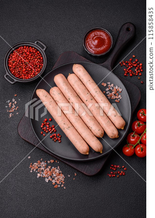 Vegan or vegetarian sausages made from meat substitutes 115858435